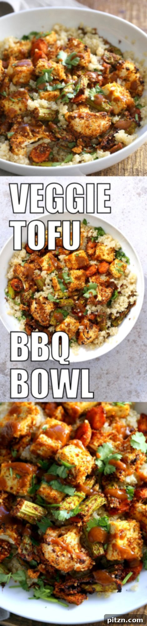 Grilled Tofu and Vegetable Power Bowl 5 Tofu and Veggie BBQ Bowl. Veggies and Tofu tossed in from scratch barbecue seasoning and baked. Serve over quinoa dressed with BBQ sauce. #Vegan #Glutenfree #Nutfree #Recipe #veganricha