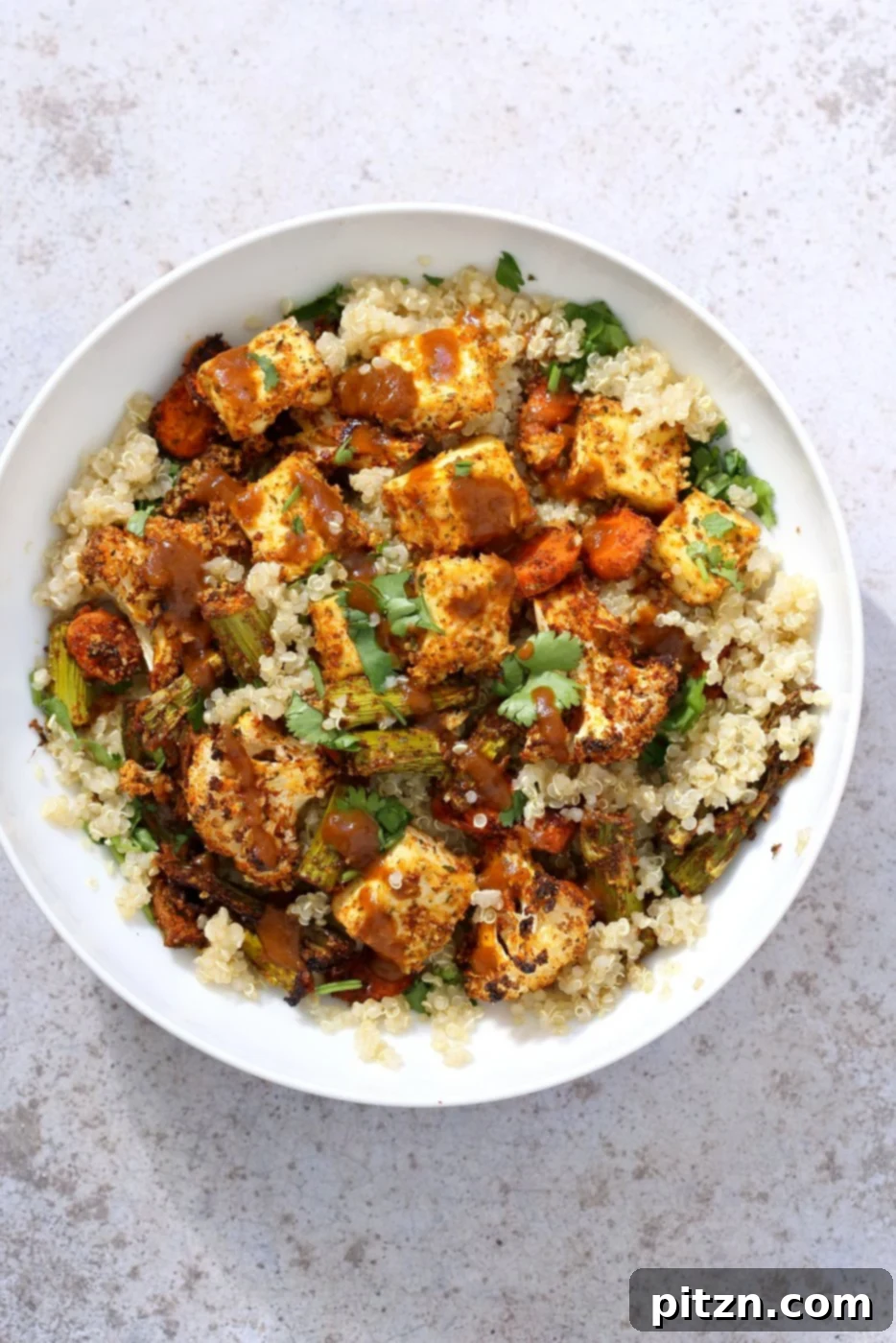 Grilled Tofu and Vegetable Power Bowl 6 Tofu and Veggie BBQ Bowl. Veggies and Tofu tossed in from scratch barbecue seasoning and baked. Serve over quinoa dressed with bbq sauce. #Vegan #Glutenfree #Nutfree #Recipe #veganricha