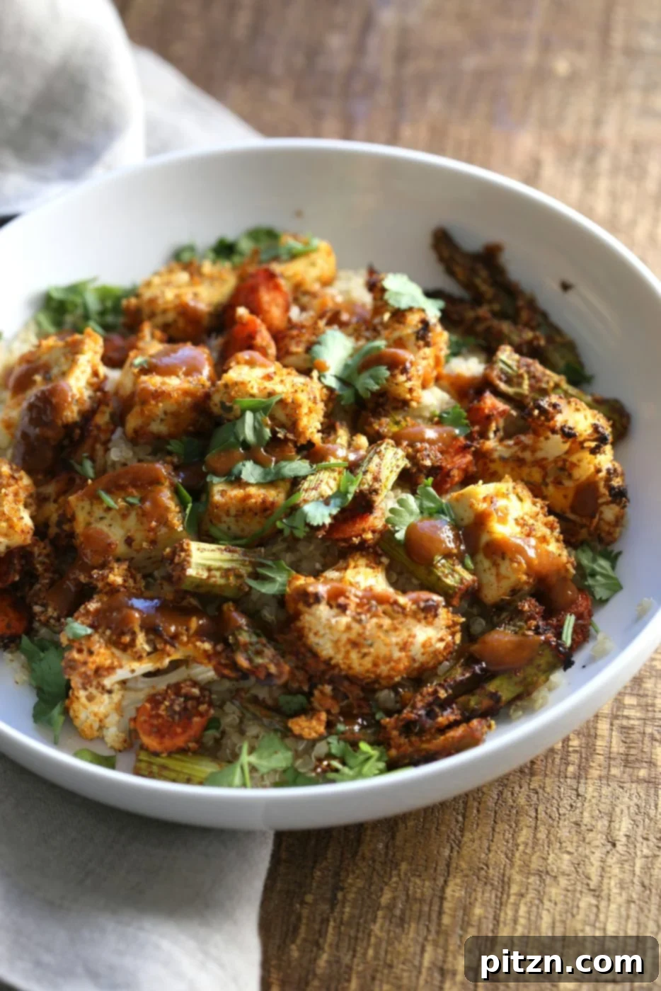 Grilled Tofu and Vegetable Power Bowl 8 Tofu and Veggie BBQ Bowl. Veggies and Tofu tossed in from scratch barbecue seasoning and baked. Serve over quinoa dressed with bbq sauce. #Vegan #Glutenfree #Nutfree #Recipe #veganricha