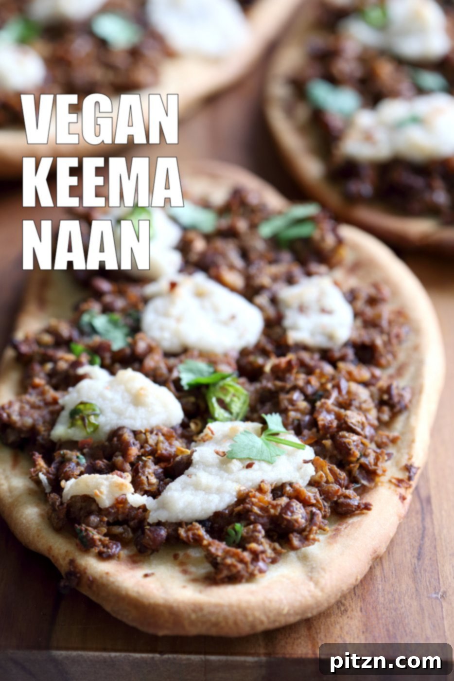 Vegan Lentil Keema Naan 8 Vegan Keema Naan with Keema Lentils, onion, carrots and walnuts. These lentils with the herbs and spices make a vegan version of keema. Serve over Naan bread or Pizza or fill tacos or wraps. #Vegan #Recipe #veganricha, Can be gluten-free and soy free. | VeganRicha,com
