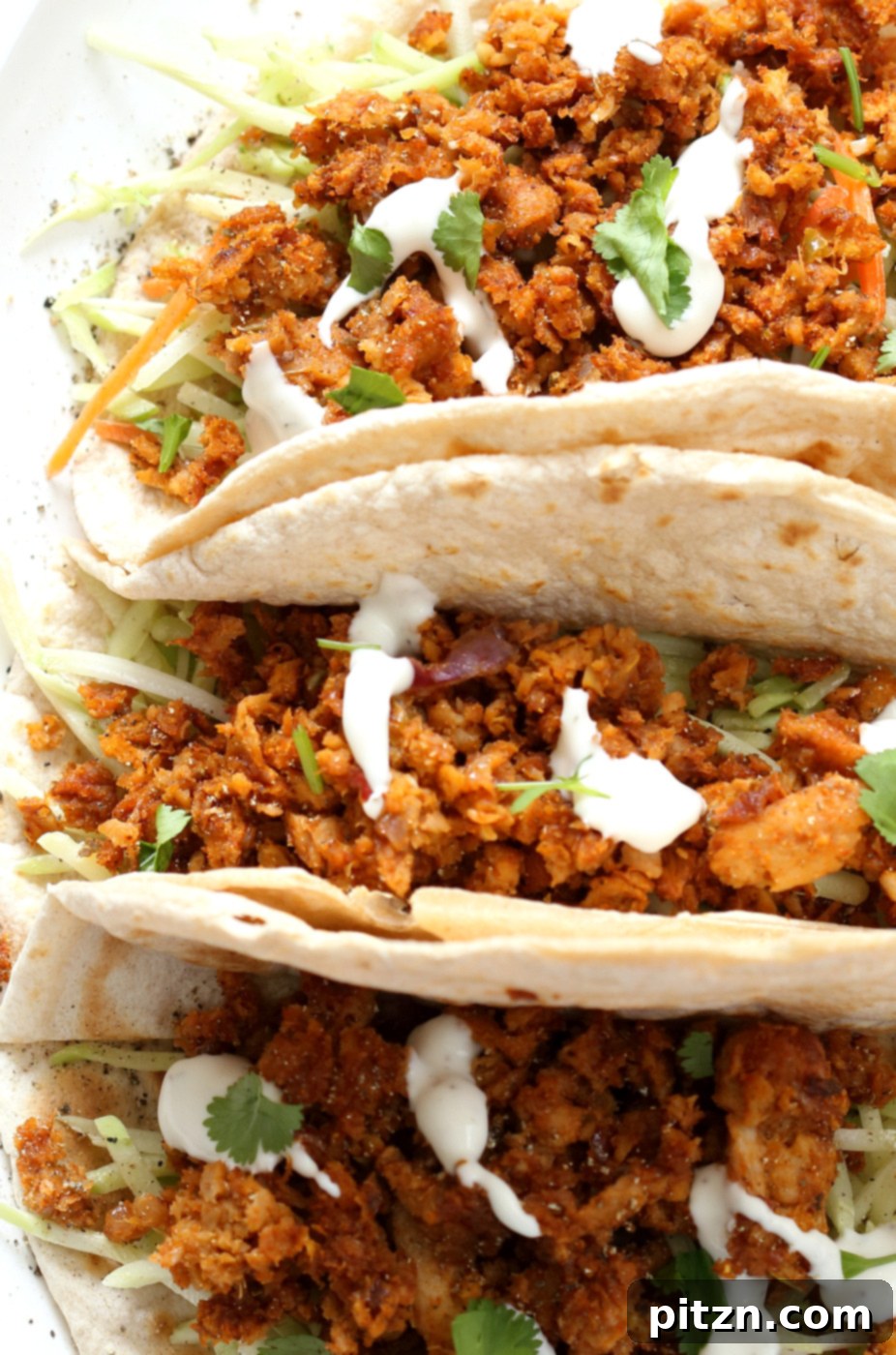 Close-up of Mango BBQ Soy Curls with vibrant mango chunks, ready to be served in fresh tacos. A perfect vegan, gluten-free, and no-oil option for a healthy meal.
