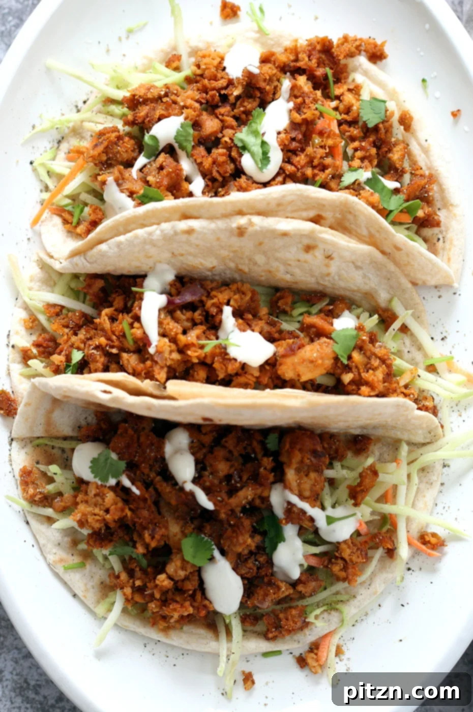 A close-up shot of two Mango BBQ Soy Curls tacos, beautifully arranged and ready to be enjoyed. A perfect representation of a delicious, vegan, gluten-free, and oil-free meal.
