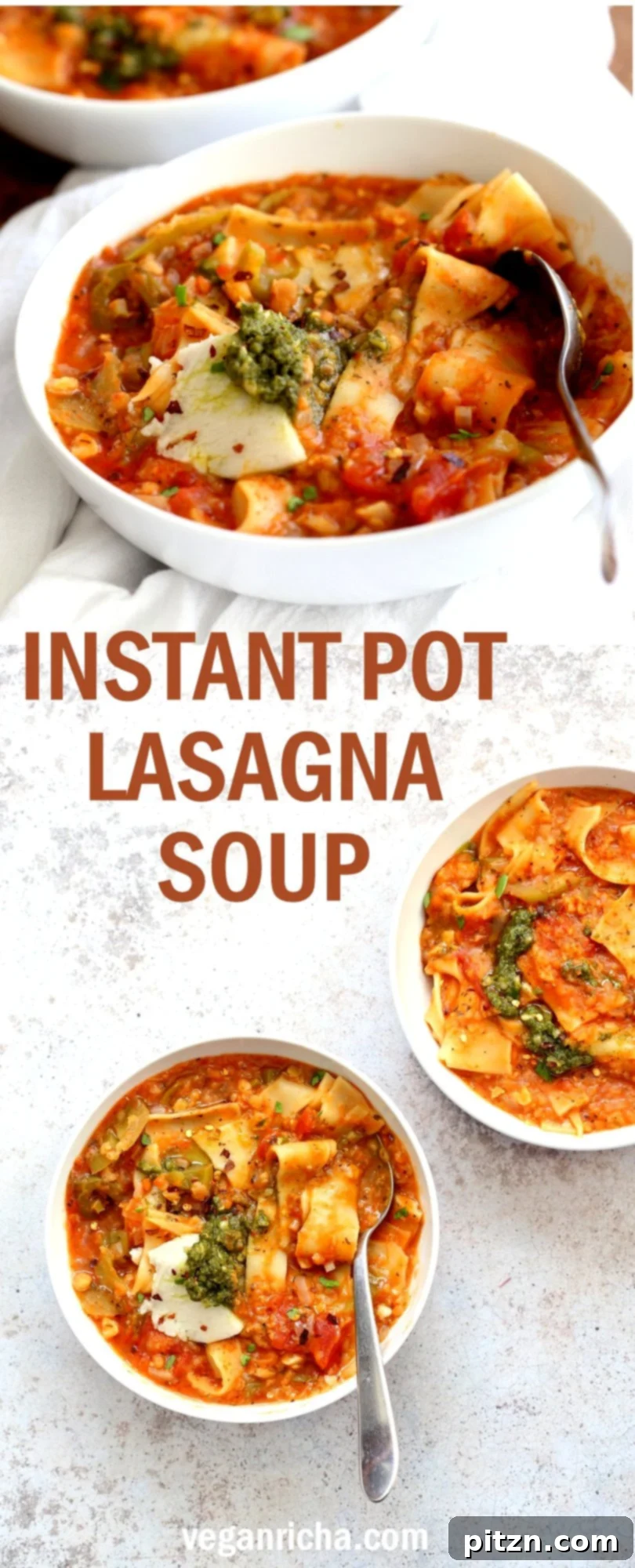 Plant-Based Instant Pot Lasagna Soup 4 Instant Pot Lasagna Soup - Vegan Lasagna Soup with lasagna noodles, veggies, red lentils and basil. 1 Pot weekday meal. Saucepan option #Vegan #Nutfree #Recipe. Can be #glutenfree. #veganricha | VeganRicha.com