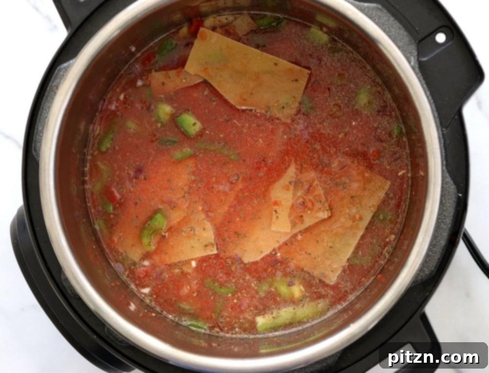 Plant-Based Instant Pot Lasagna Soup 6 Instant Pot Lasagna Soup - Vegan Lasagna Soup with lasagna noodles, veggies, red lentils and basil. 1 Pot weekday meal. #Vegan #Nutfree #Recipe. Can be #glutenfree. #veganricha | VeganRicha.com