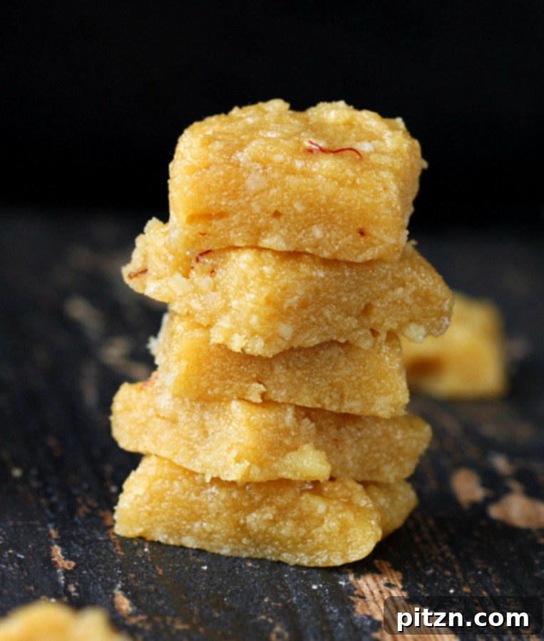Vegan Kesar Burfi - Almond Semolina Fudge flavored with Saffron. | VeganRicha.com #vegan #burfi #Indian