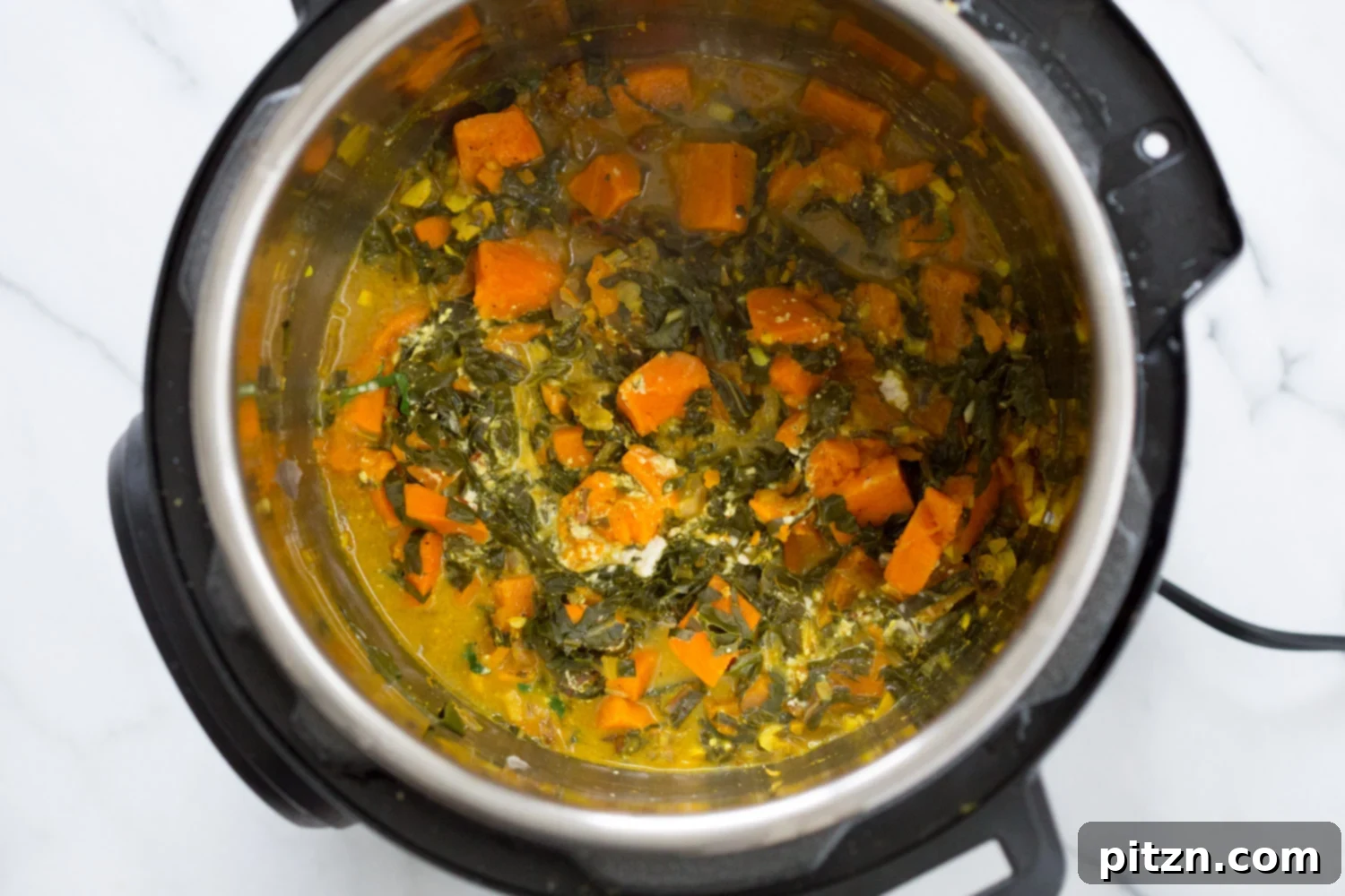 Instant Pot Sweet Potato and Chard Saag Curry 5 Instant Pot Saag Aloo with Chard and Sweet Potatoes. Sweet Potato Chard/Spinach curry. Serve this easy side with dals or curries or add to a bowl. #Vegan #soyfree #Glutenfree #Recipe easily #nutfree| VeganRicha.com