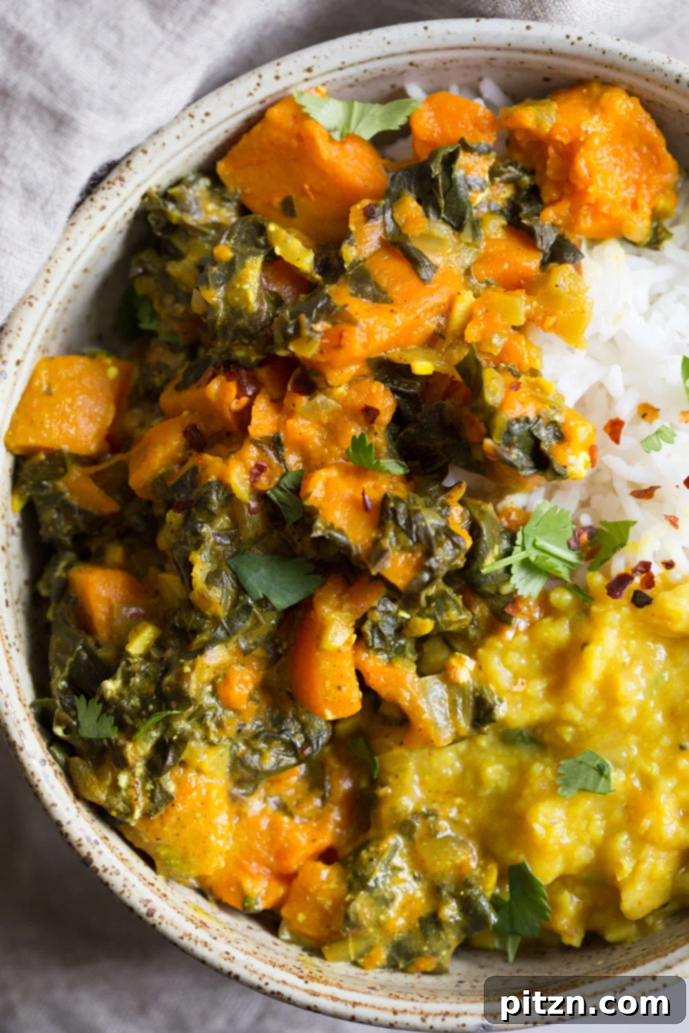 Instant Pot Sweet Potato and Chard Saag Curry 6 Instant Pot Saag Aloo with Chard and Sweet Potatoes. Sweet Potato Chard/Spinach curry. Serve this easy side with dals or curries or add to a bowl. #Vegan #soyfree #Glutenfree #Recipe easily #nutfree #veganricha2| VeganRicha.com