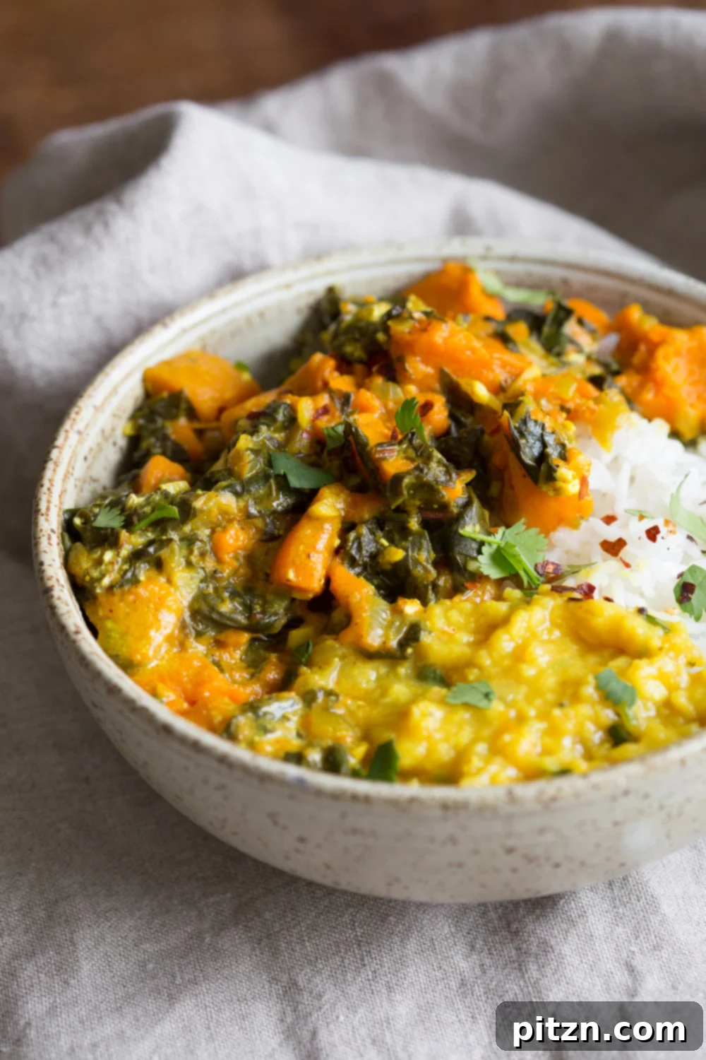 Instant Pot Sweet Potato and Chard Saag Curry 8 Instant Pot Saag Aloo with Chard and Sweet Potatoes. Sweet Potato Chard/Spinach curry. Serve this easy side with dals or curries or add to a bowl. #Vegan #soyfree #Glutenfree #Recipe easily #nutfree| VeganRicha.com