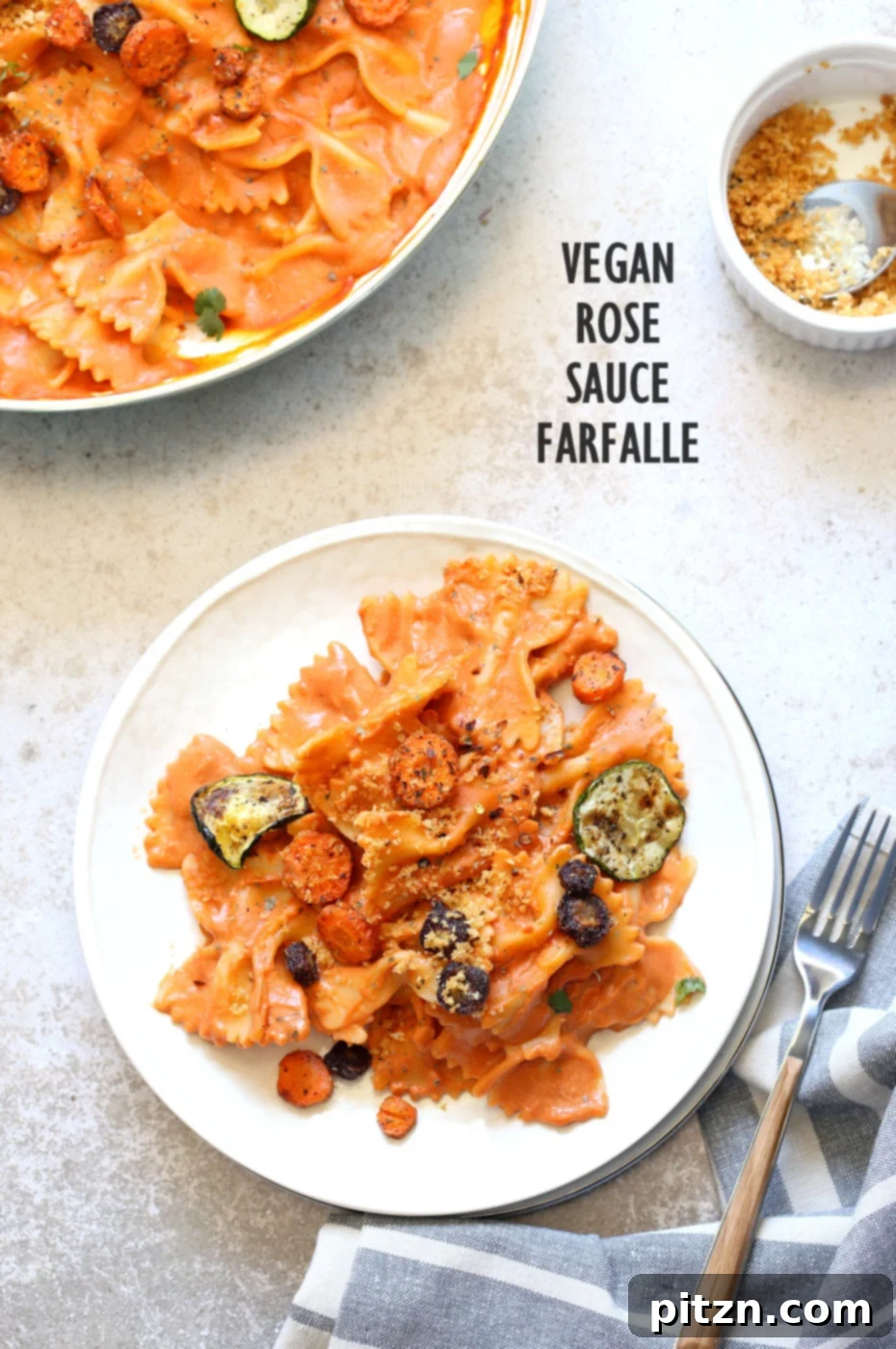 Bow-Tie Bliss: Vegan Rose Sauce with Roasted Garden Medley 2 Easy Vegan Rose Sauce Farfalle Pasta with Roasted Vegetables. Creamy tomato sauce, farfalle, seasonal roasted veggies, and vegan parmesan. Soy-free, gluten-free, nut-free options available. #VeganRecipe #PastaNight