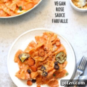 Vegan Rose Sauce Farfalle Pasta with Roasted Veggies. Easy Vegan Rose Sauce, serve with farfalle or other pasta, roasted veggies and vegan parm. #Vegan #veganricha #Soyfree #Recipe. Can be #glutenfree | VeganRicha.com