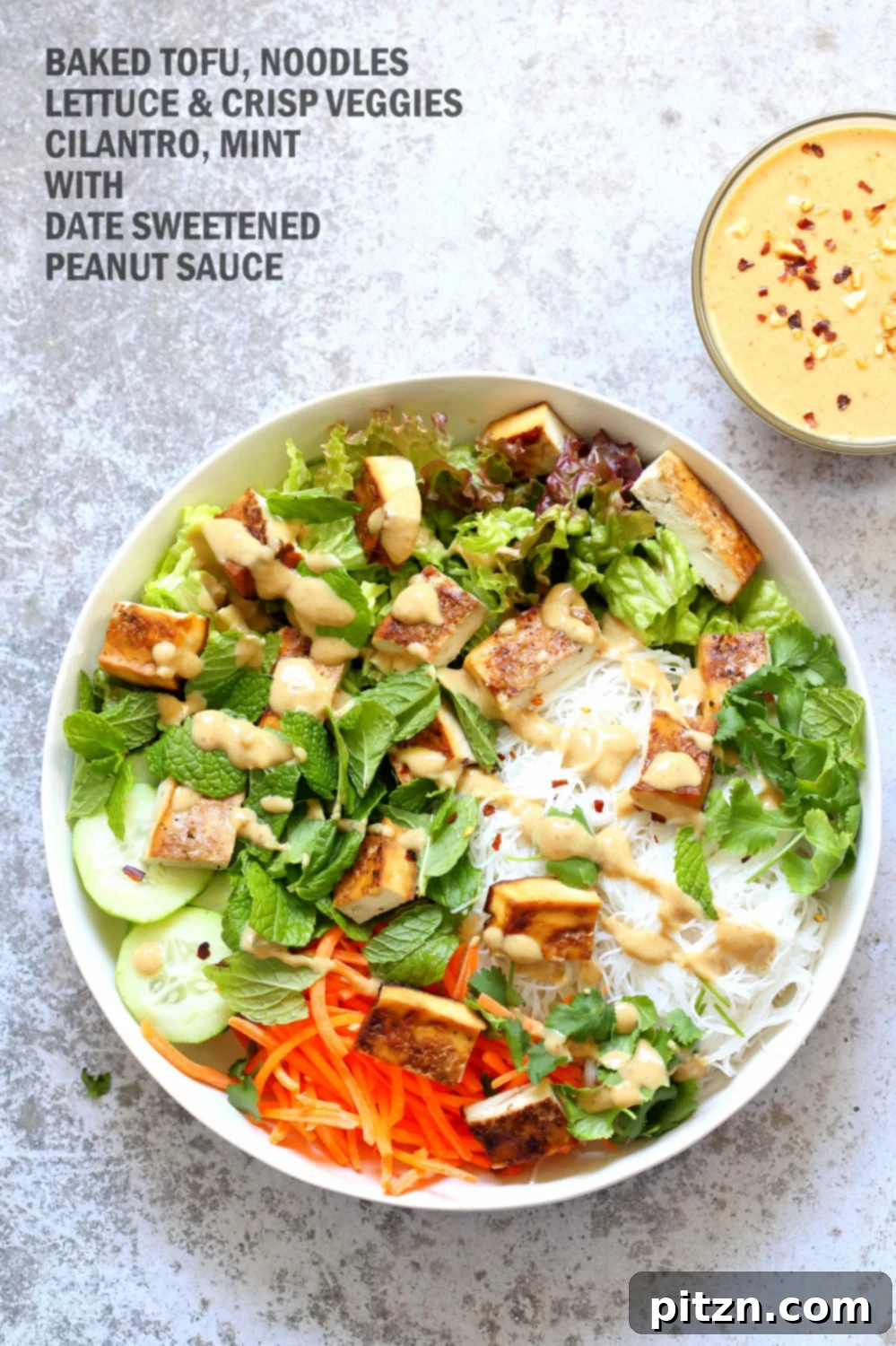 Crunchy Veggie Vegan Summer Rolls Deconstructed into a Bowl. Served with Peanut Butter Dipping Sauce. Fresh Spring Rolls/ Rice paper rolls in a bowl. Make a bowl, wrap or fill up rice paper wrappers. Vegan Gluten-free Recipe. No Refined Sugar or Oil. Use Sunbutter to make it nutfree