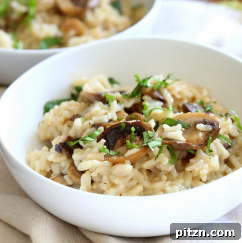 Instant Pot Mushroom Risotto. Easy Vegan Mushroom Risotto made in Instant Pot Pressure cooker. Saucepan option. #Recipe #soyfree #nutfree #vegan #glutenfree #veganricha #instantpot | VeganRicha.com