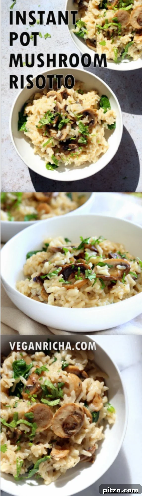Instant Pot Mushroom Risotto. Easy Vegan Mushroom Risotto made in Instant Pot Pressure cooker. 1 Pot, no standing in the kitchen needed. Saucepan option. #Recipe #soyfree #nutfree #vegan #glutenfree #veganricha #instantpot #pressurecooker | VeganRicha.com
