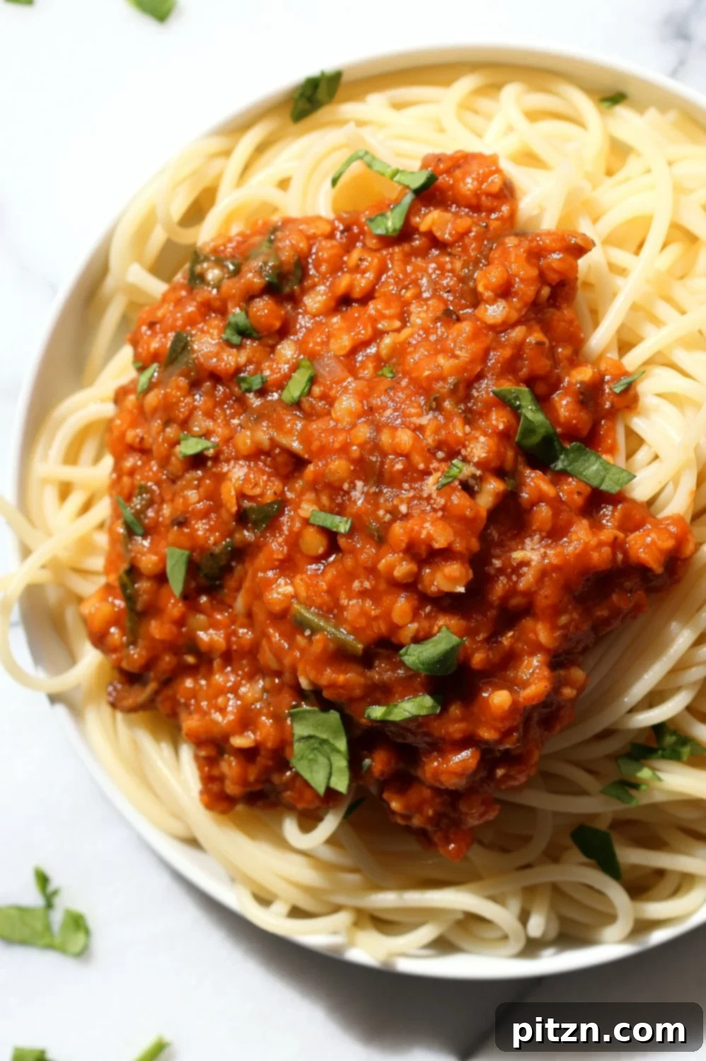 Savory Lentil Ragu Spaghetti 3 This Lentil Bolognese Sauce is hearty with Red lentils and Mushrooms and great with Spaghetti or other pasta. This is a Vegan, Soy-Free, Nut-Free, and Gluten-Free option.
