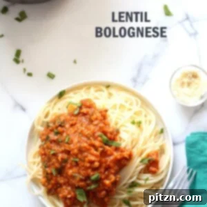 Savory Lentil Ragu Spaghetti 4 Hearty Lentil Bolognese Sauce with Red Lentils and Mushrooms served over Spaghetti - a Delicious Vegan, Soy-Free, Nut-Free, and Gluten-Free Option. High Protein, Quick Recipe.