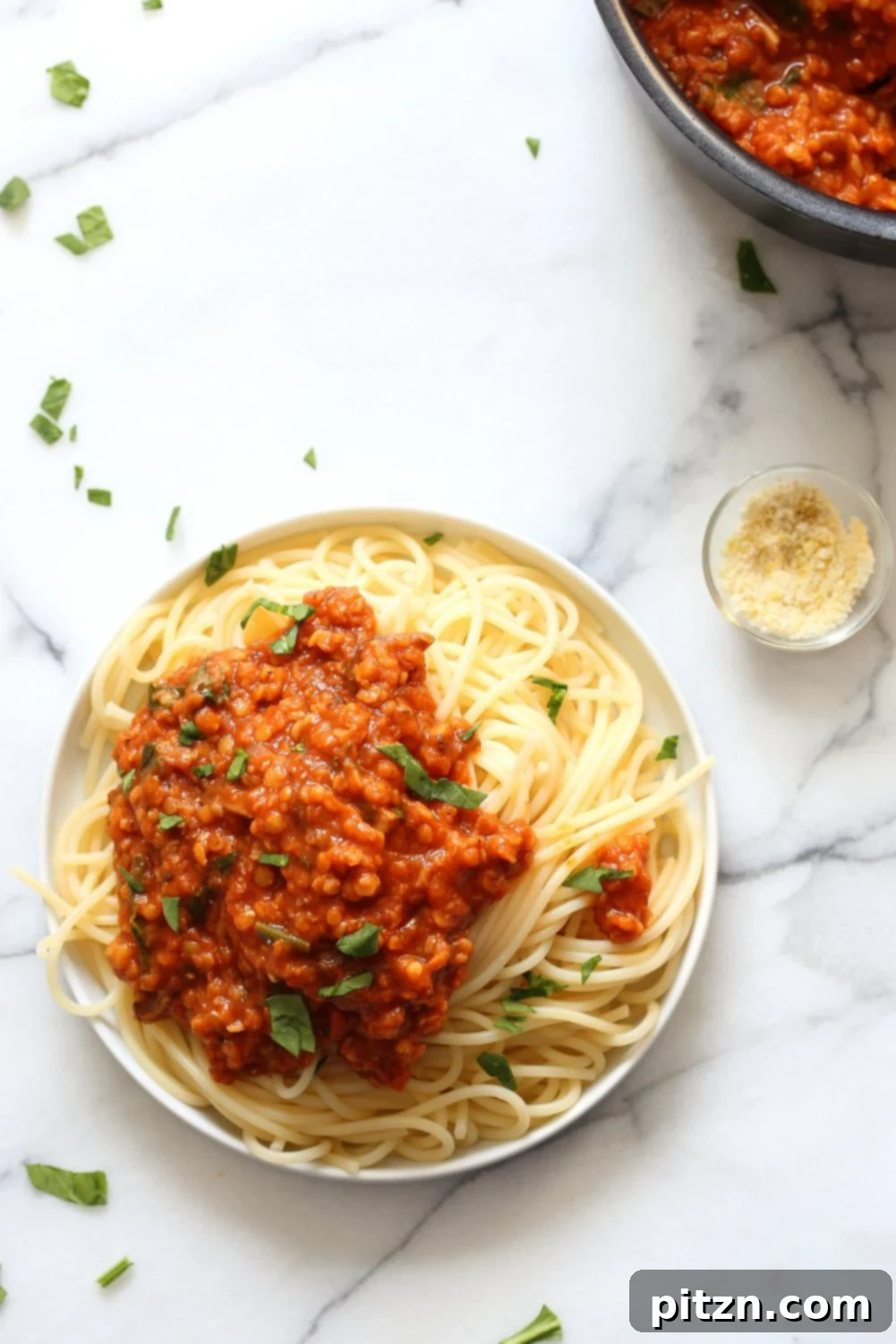 Savory Lentil Ragu Spaghetti 5 Lentil Bolognese Sauce with Red lentils and Mushrooms, perfect with Spaghetti or other pasta. This is a Vegan, Soy-Free, Nut-Free, Gluten-Free Recipe that's high in protein.