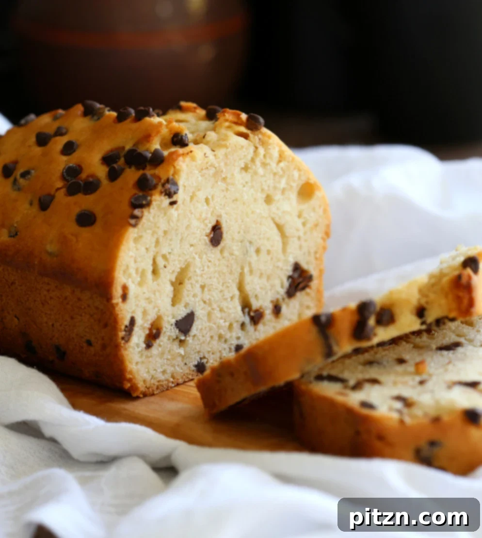 Decadent Vegan Chocolate Chip Cake 4 Beautifully sliced Vegan Chocolate Chip Quick Bread, showing its tender crumb and evenly distributed chocolate chips.
