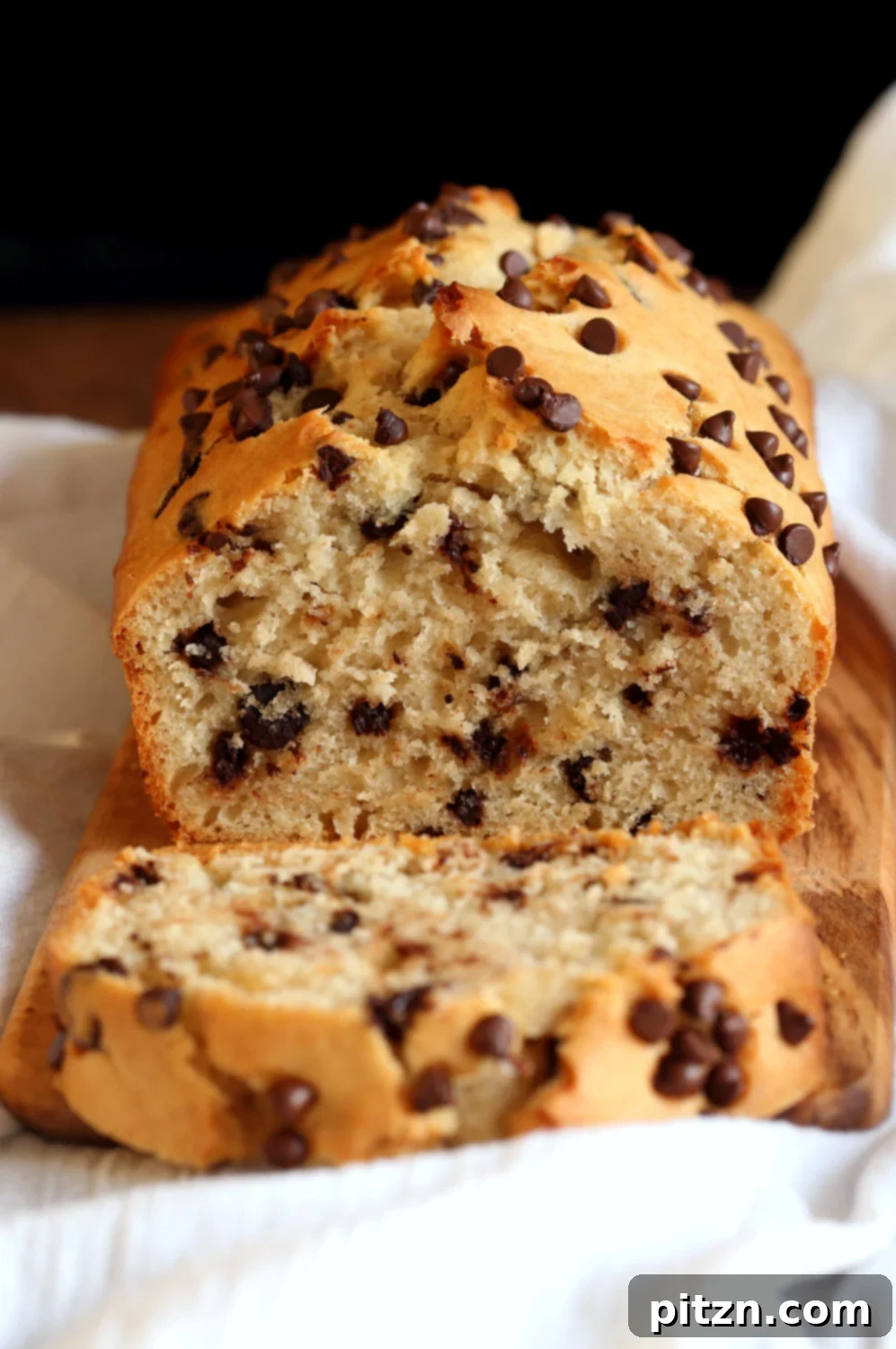 Decadent Vegan Chocolate Chip Cake 7 A freshly baked Vegan Chocolate Chip Cake, whole and uncut, placed on a white marble slab, ready to be enjoyed.