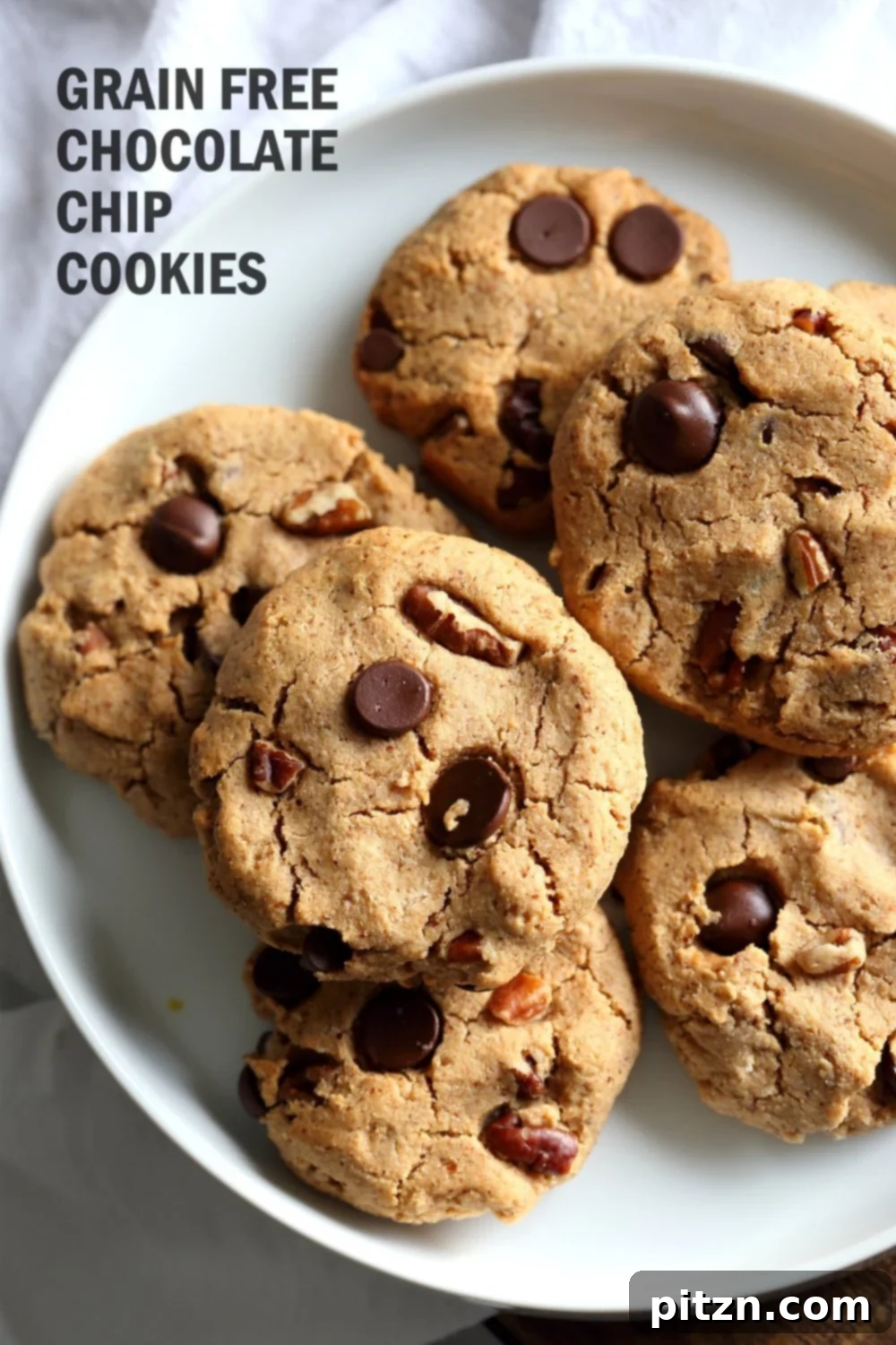 Vegan Paleo Grain free Chocolate Chip Cookies with Coconut flour and Almond Butter. These fudgy cookies are a perfect treat or snack. No refined oil and no refined sugar. 6 Ingredients #Vegan #Glutenfree #Grainfree #paleo #Recipe #veganricha | VeganRicha.com