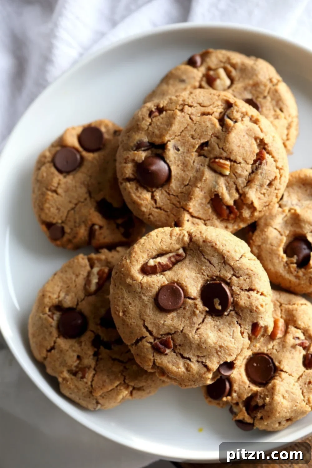 Vegan Paleo Grain free Chocolate Chip Cookies with Coconut flour and Almond Butter. These fudgy cookies are a perfect treat or snack. No refined oil and no refined sugar. #Vegan #Glutenfree #Grainfree #paleo #Recipe #veganricha | VeganRicha.com