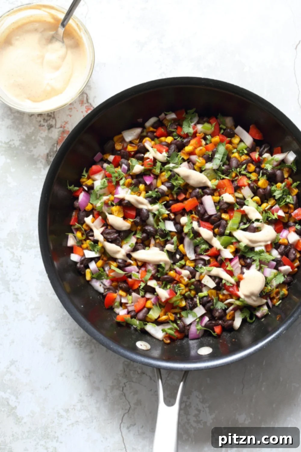 Mexican Street Corn Salad with Black Beans and Chipotle Mayo. Elote Bean Salad. Serve with Tortilla Chips. #Vegan #Glutenfree #Nutfree #soyfree #Recipe #veganricha | VeganRicha.com