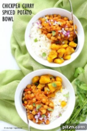 A healthy and colorful easy chickpea curry bowl with spiced potatoes, a delightful vegan, gluten-free, and soy-free meal.