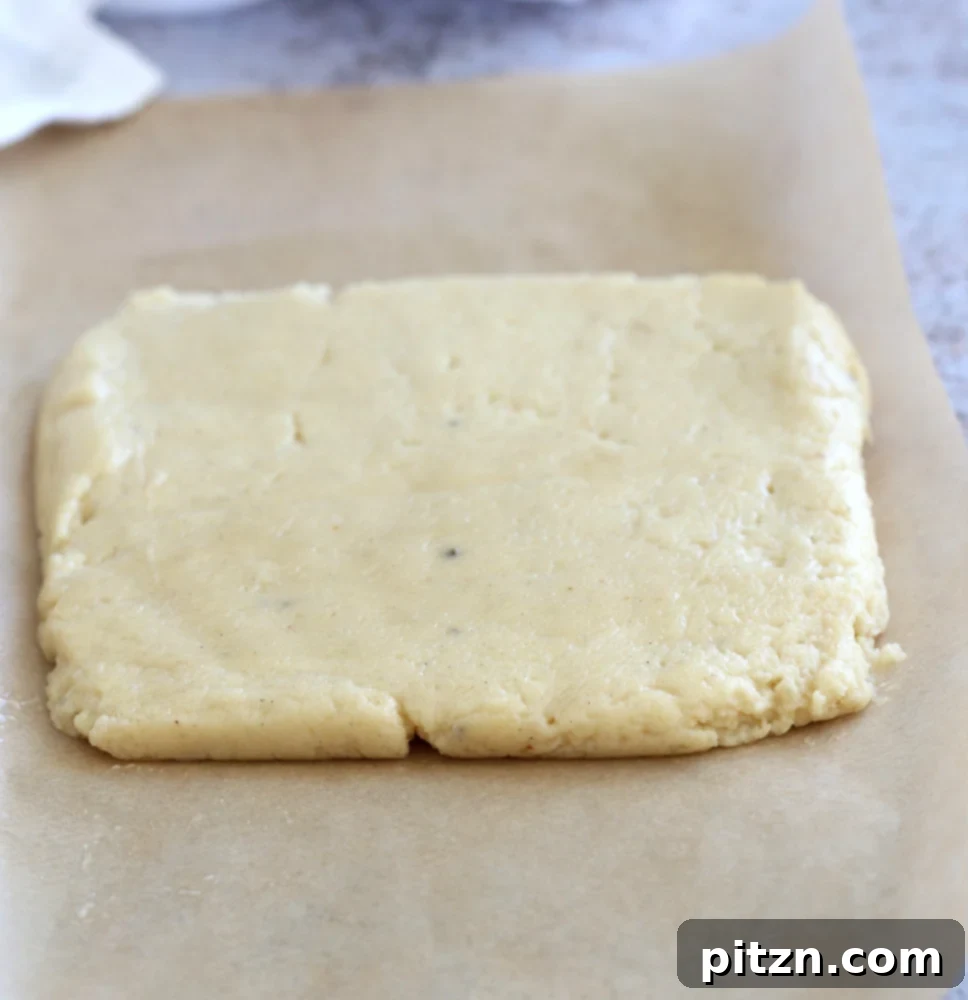Velvety Vegan Malai Burfi Fudge 8 Shaping the Vegan Malai Burfi mixture onto parchment paper before chilling.