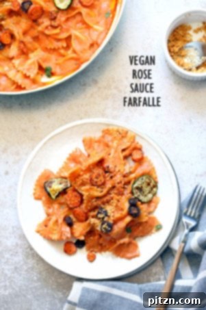 Vegan Rose Sauce Farfalle Pasta with Roasted Veggies. An easy vegan rose sauce, perfect with farfalle or other pasta, roasted vegetables, and vegan parmesan. A delicious soy-free vegan recipe, adaptable to be gluten-free.