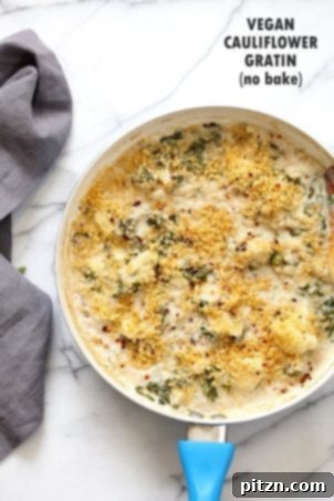 Vegan Cauliflower Gratin - A creamy, spiced cauliflower casserole that can be no-bake skillet style or baked with a garlic breadcrumb topping. A delicious vegan and soy-free recipe, adaptable to be gluten-free and nut-free.