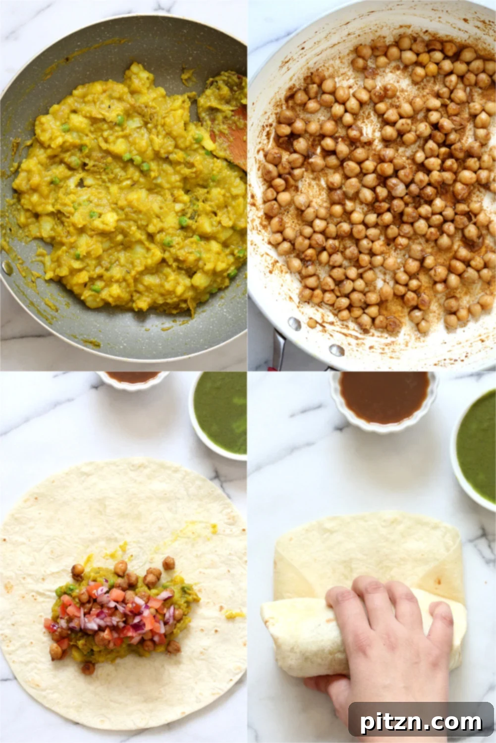 Close-up of a Samosa Wrap, highlighting the spicy potato and chickpea filling