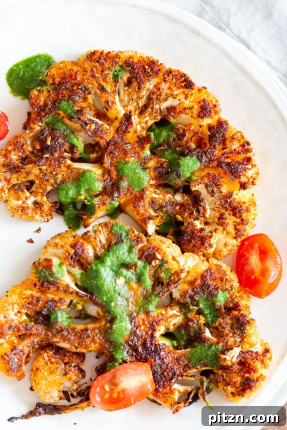 Spicy Cajun Cauliflower Steaks with Fresh Chimichurri 2 Flavorful Vegan Cajun Roasted Cauliflower Steaks with Fresh Chimichurri Sauce. Thick slices or florets seasoned with bold Cajun spices, ready to be served. A healthy, gluten-free, soy-free, nut-free vegan recipe.