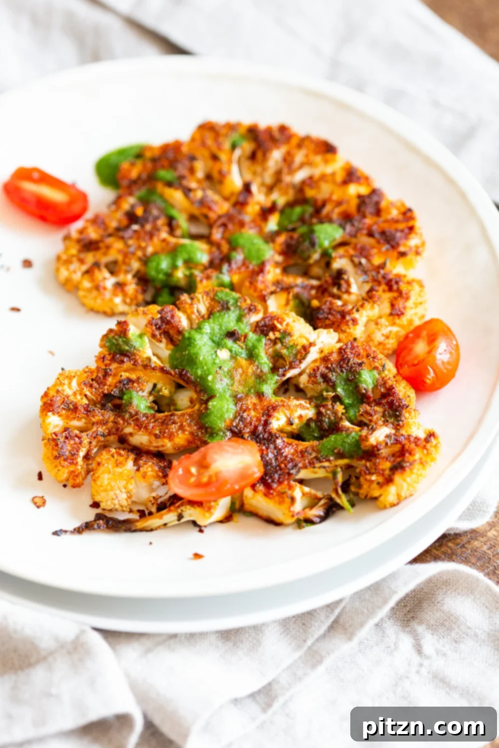 Spicy Cajun Cauliflower Steaks with Fresh Chimichurri 3 Close-up of freshly roasted Vegan Cajun Cauliflower Steaks topped with bright green Chimichurri Sauce. Perfect for a healthy, plant-based, and flavorful meal. Gluten-free, soy-free, nut-free.