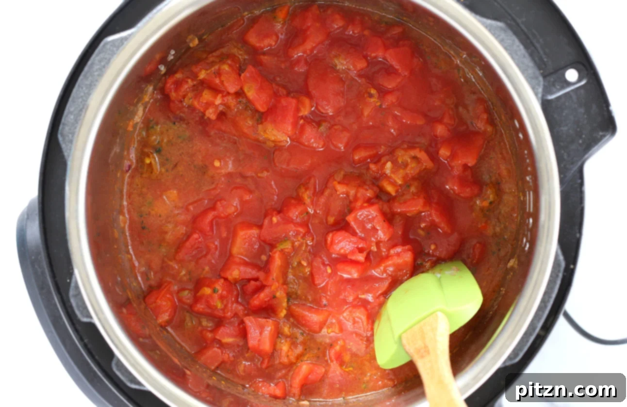 Instant Pot Vegan Tikka Masala 4 Ingredients for Instant Pot Vegan Tikka Masala Sauce before cooking, showing a mix of chopped aromatics, spices, and tomatoes