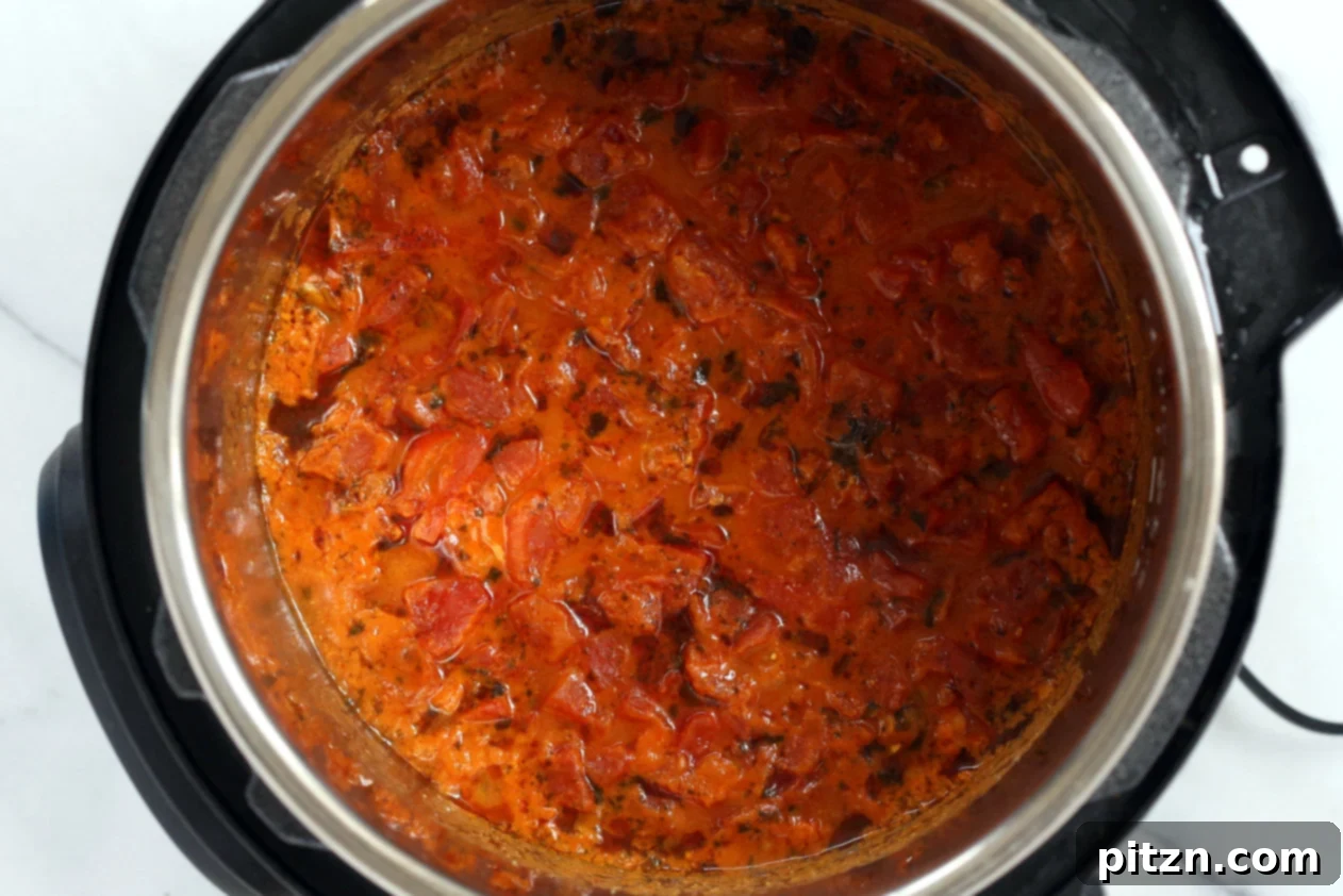 Vegan Tikka Masala Sauce after pressure cooking in Instant Pot, revealing its rich color and creamy texture