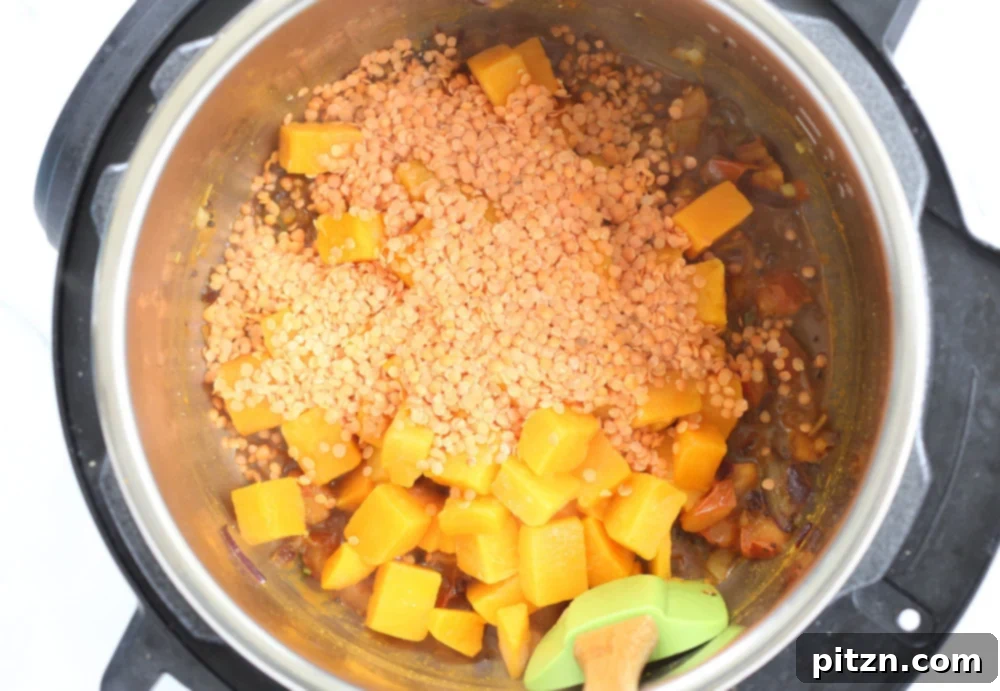 Instant Pot Red Lentil Butternut squash Curry. This Warming lentil butternut or pumpkin curry is creamy and comforting. 1 Pot, make in a Pressure cooker or Saucepan. #Vegan #Glutenfree #Soyfree #nutfree #Recipe #veganricha