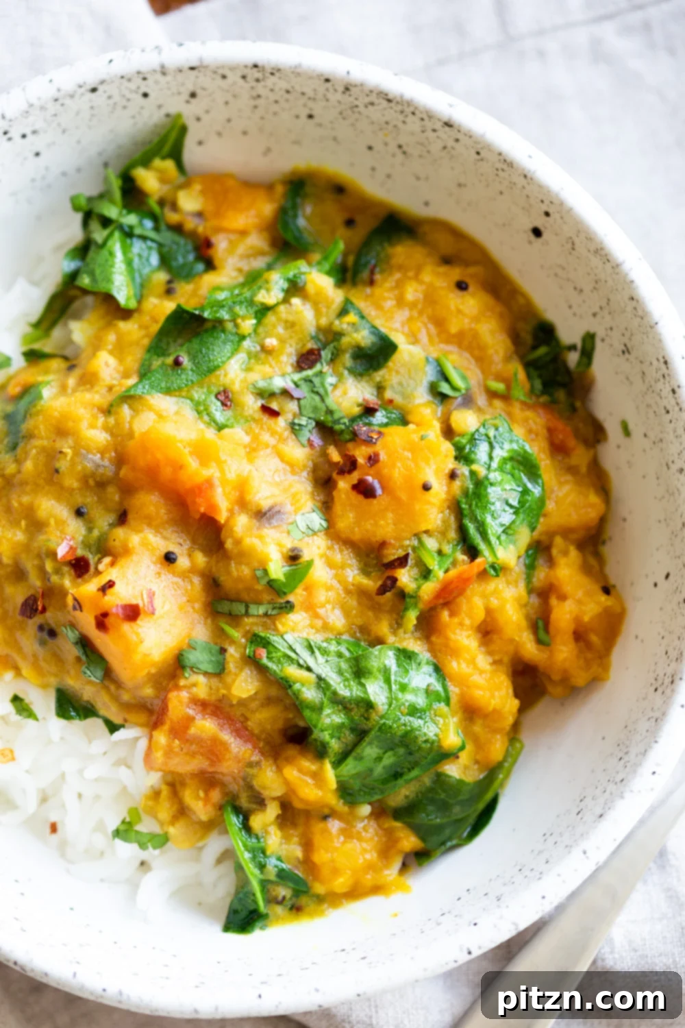 Instant Pot Red Lentil Butternut squash Curry. This Warming lentil butternut or pumpkin curry is creamy and comforting. 1 Pot, make in a Pressure cooker or Saucepan. #Vegan #Glutenfree #Soyfree #nutfree #Recipe #veganricha| VeganRicha.com