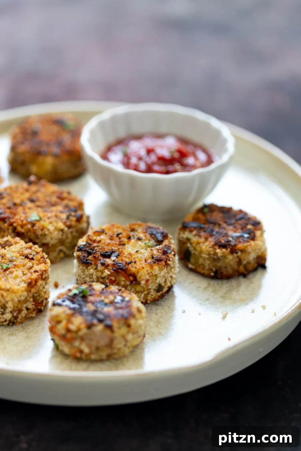 Potato Cauliflower Patties Vegan Eggless version on a Plate. Side View with Ketchup