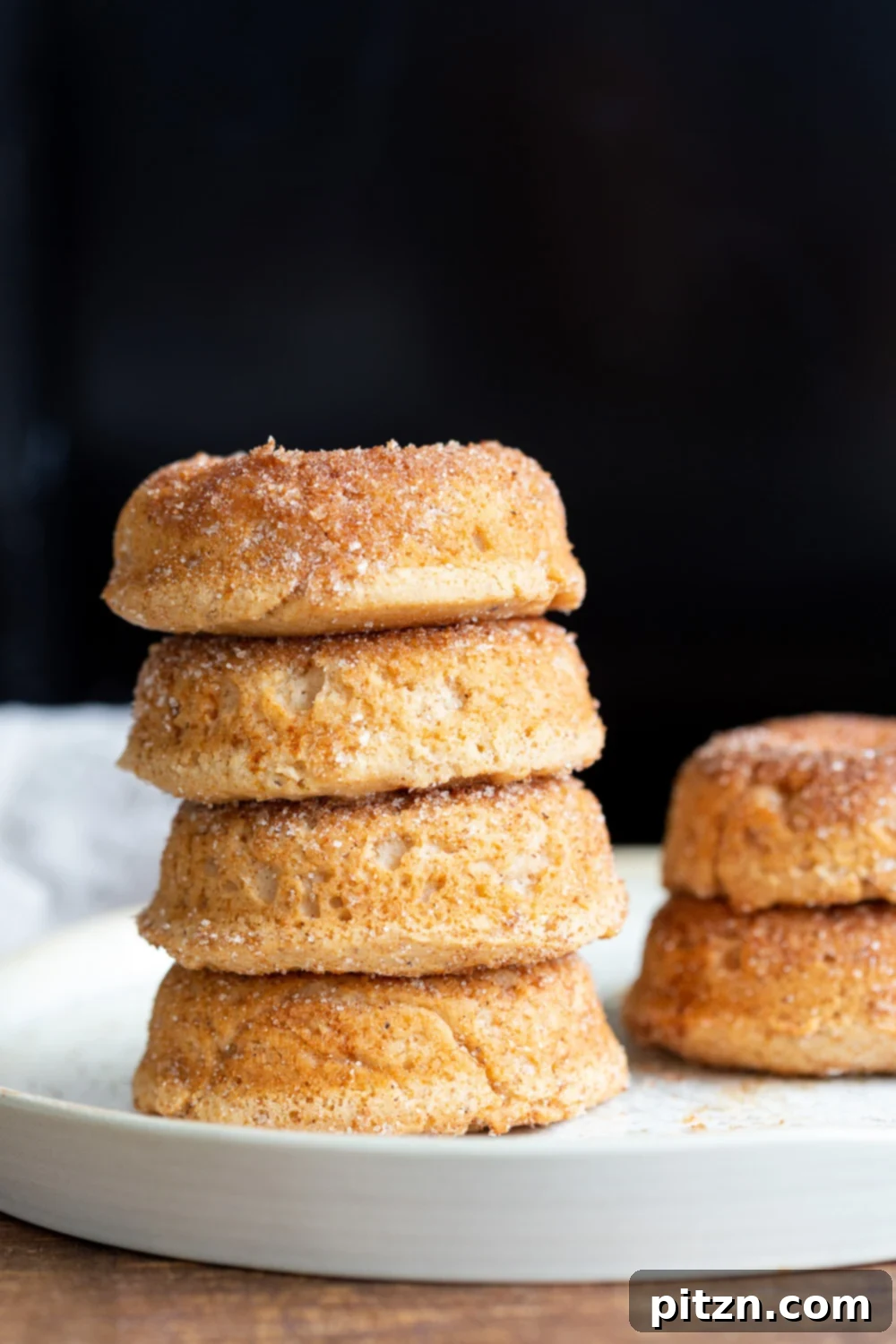 A stack of baked apple cider donuts, dusted with cinnamon sugar, perfect for any fall occasion. Vegan, soy-free.