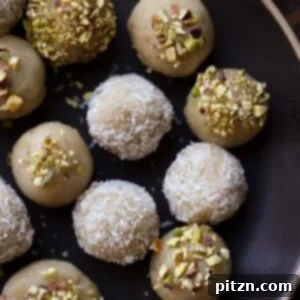 Vegan Malai Ladoo Cardamom Fudge Balls 10 Plate of vegan malai ladoo topped with coconut and pistachio