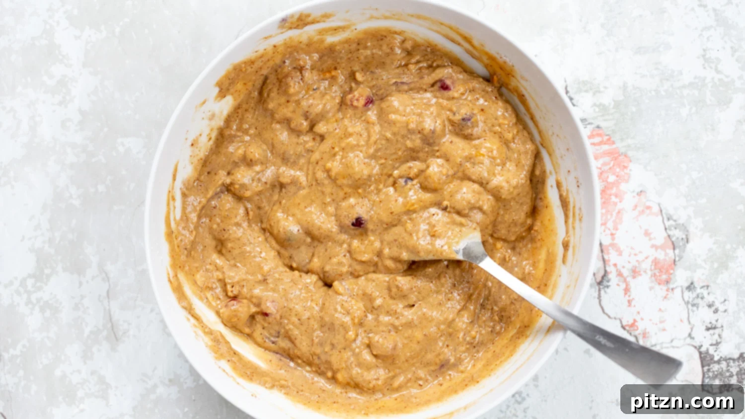 Golden One Bowl Vegan Sweet Potato Loaf 5 Vegan Sweet Potato Bread batter in a white bowl