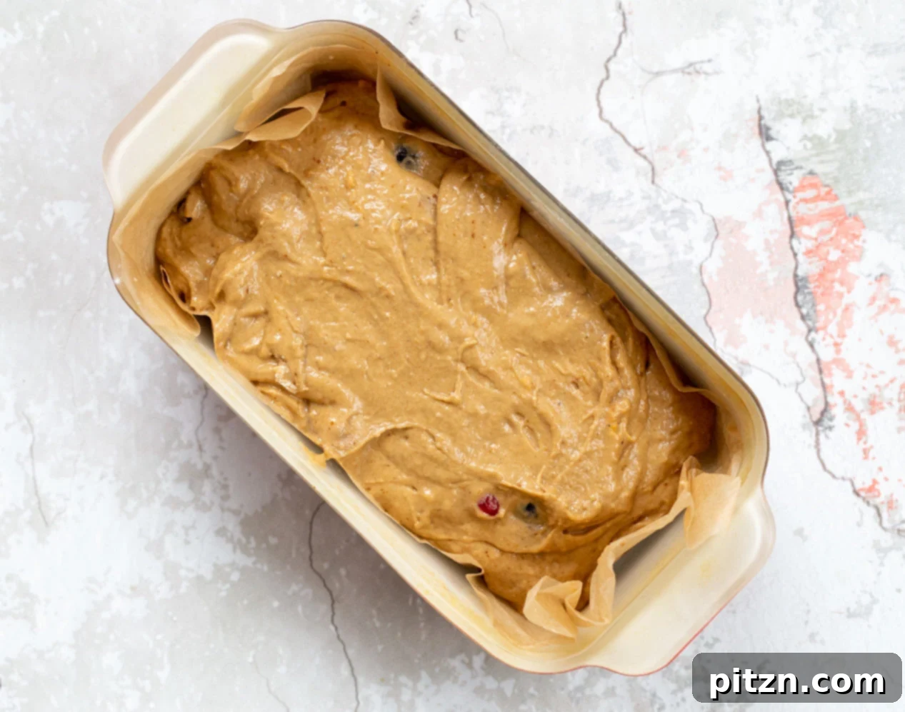 Golden One Bowl Vegan Sweet Potato Loaf 6 Vegan Sweet Potato Bread batter in a loaf pan