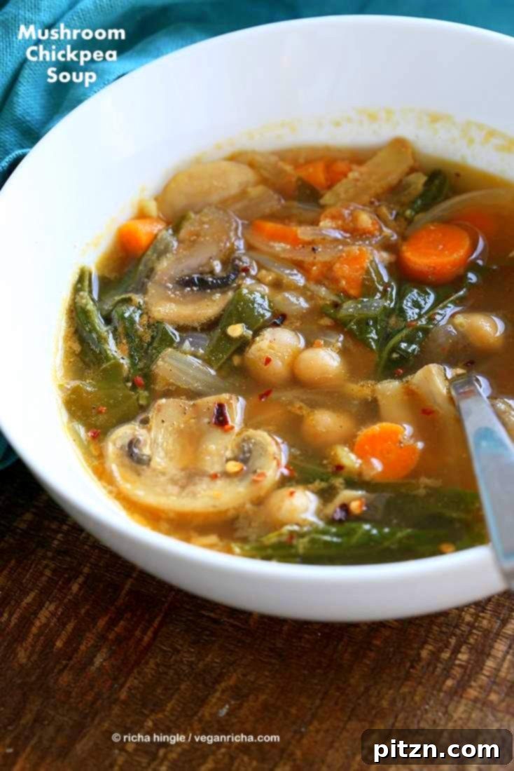 20 Soul-Warming Vegan Soups and Stews for Autumn 8 Mushroom Chickpea Soup with Veggies, greens. Winter Brothy soup with spices | VeganRicha.com #vegan #soup #glutenfree #veganricha
