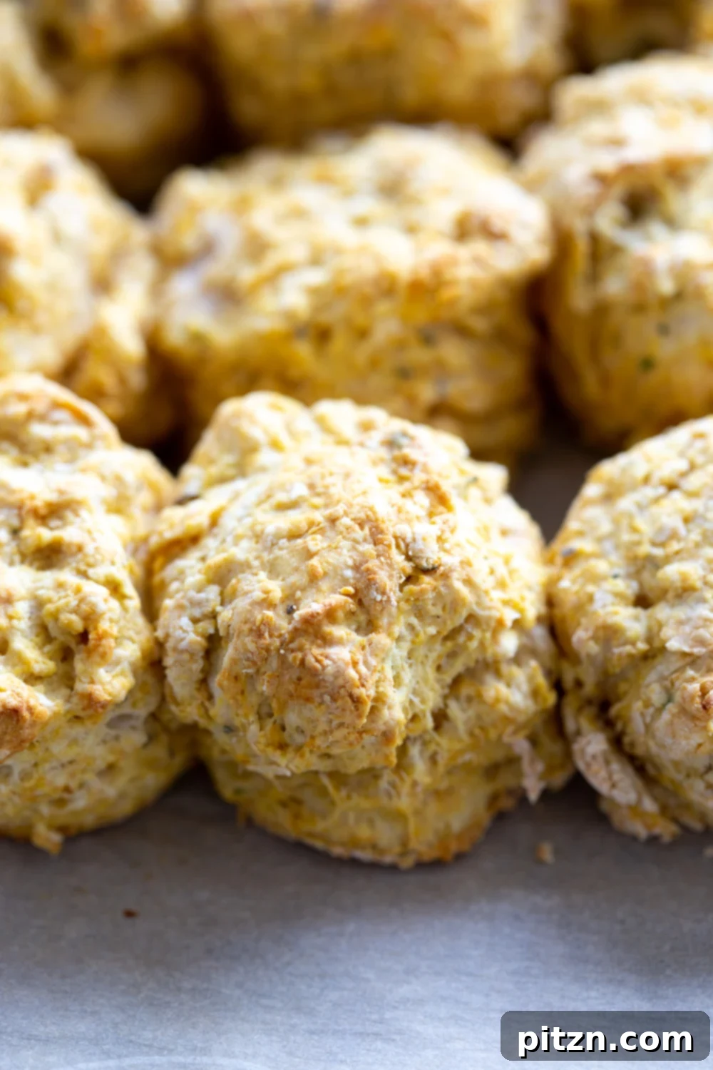Close-up of golden brown oil-free vegan biscuits, showing their soft interior and flaky layers. A healthy and quick plant-based recipe.