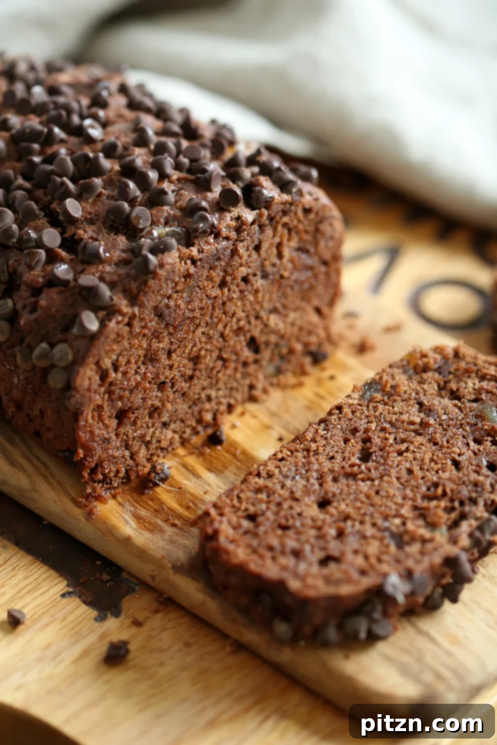 Close-up of the beautiful crumb of the Vegan Chocolate Gingerbread Cake, showcasing its moist texture and chocolate chunks.