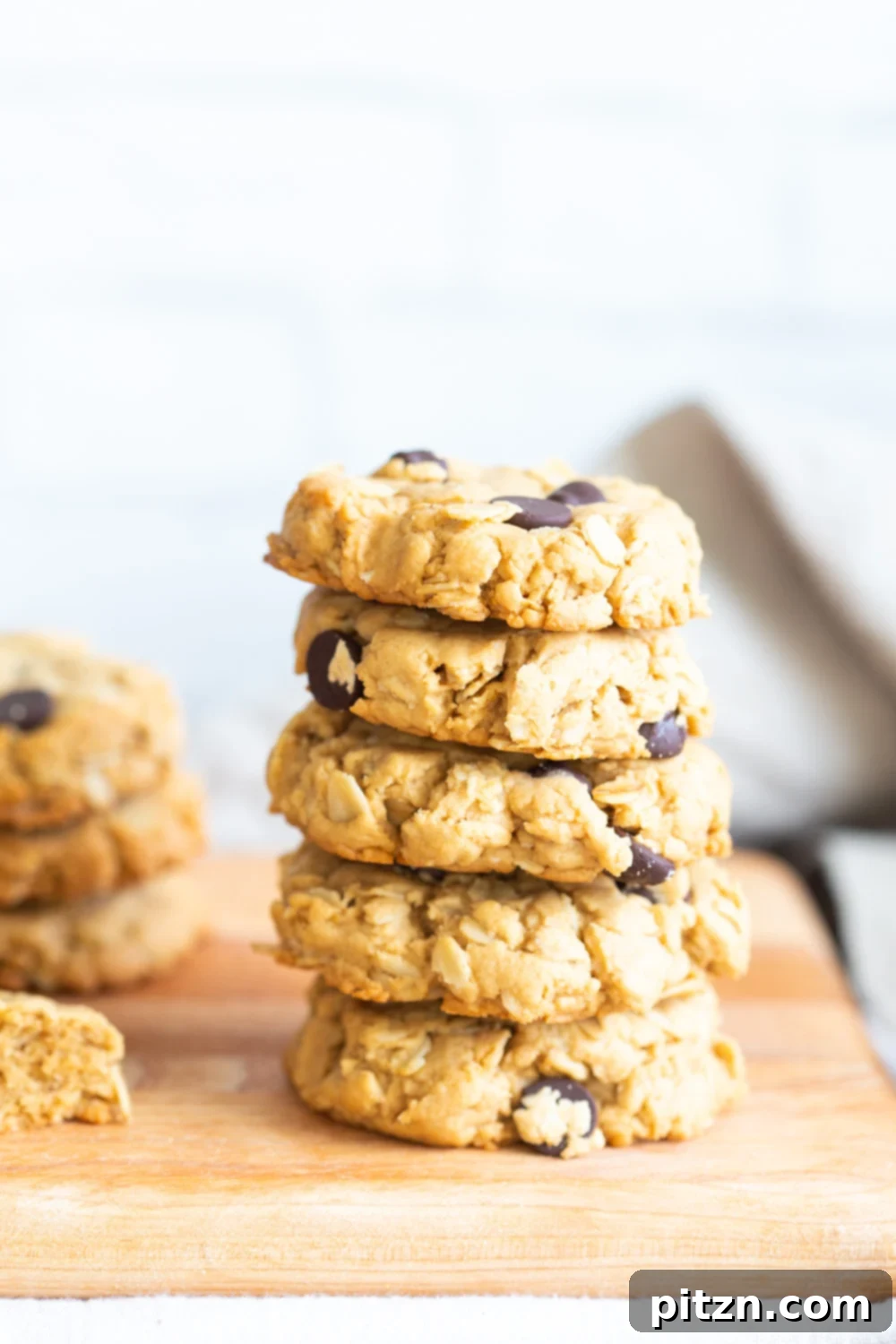 Easy One-Bowl Vegan Peanut Butter Oatmeal Chocolate Chip Cookies 3 A close-up shot of baked Vegan Peanut Butter Oatmeal Chocolate Chip Cookies cooling on a wire rack, showcasing their golden-brown edges and soft centers.