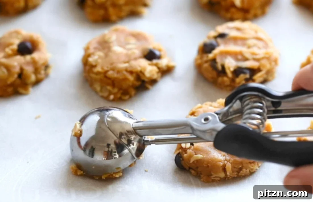 Easy One-Bowl Vegan Peanut Butter Oatmeal Chocolate Chip Cookies 8 Scooped portions of Vegan Peanut Butter Oatmeal Chocolate Chip Cookie dough placed on a parchment-lined baking sheet, ready for baking.
