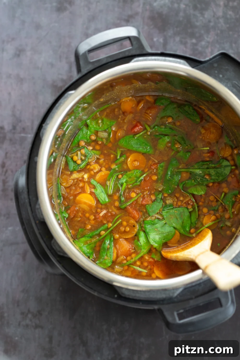 A close-up of a steaming bowl of 1 Pot Vegan Lentil Soup, showcasing the texture and rich color of the lentils and vegetables. This easy, 30-minute, freezer-friendly recipe is gluten-free, soy-free, and nut-free, ideal for a wholesome vegan meal cooked in an Instant Pot or Saucepan. | VeganRicha.com