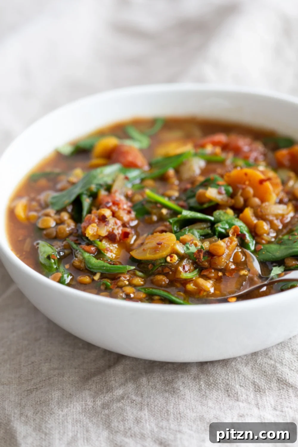 A beautiful, close-up view of the finished Vegan Lentil Soup, served steaming hot in a white bowl, garnished and ready to enjoy. This comforting and easy one-pot meal is perfect for a healthy, gluten-free, soy-free, and nut-free plant-based diet. | VeganRicha.com