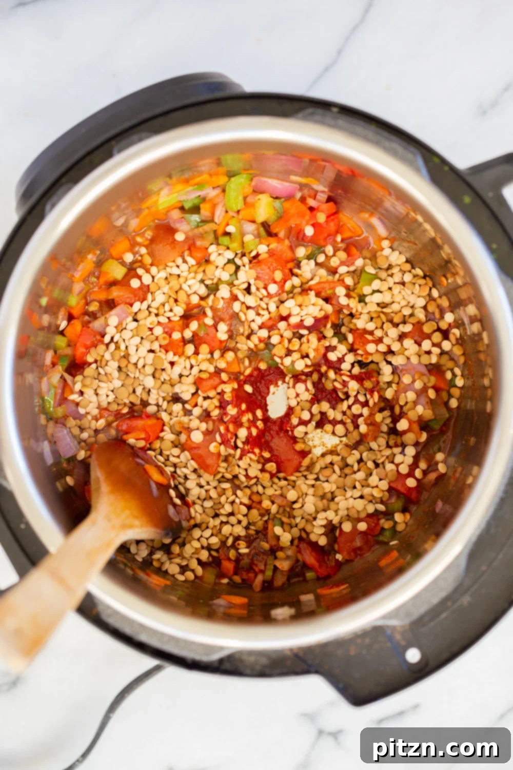 Adding uncooked green lentils and spices to sautéed vegetables in the Instant Pot