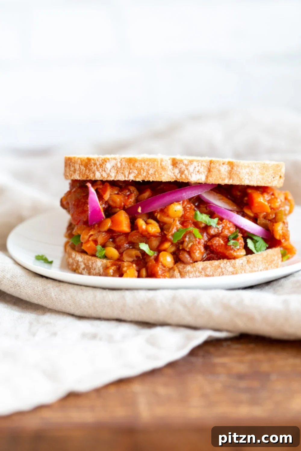 Savory Vegan Lentil Sloppy Joes 7 Serving Instant Pot Vegan Lentil Sloppy Joes in a sandwich with fresh onions and a vibrant side salad